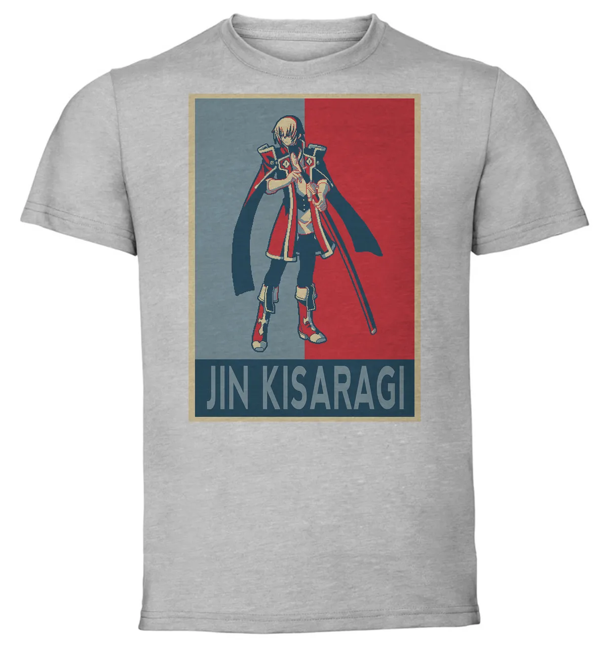 T-Shirt Unisex Grey Propaganda Pixel Art BlazBlue Jin Kisaragi