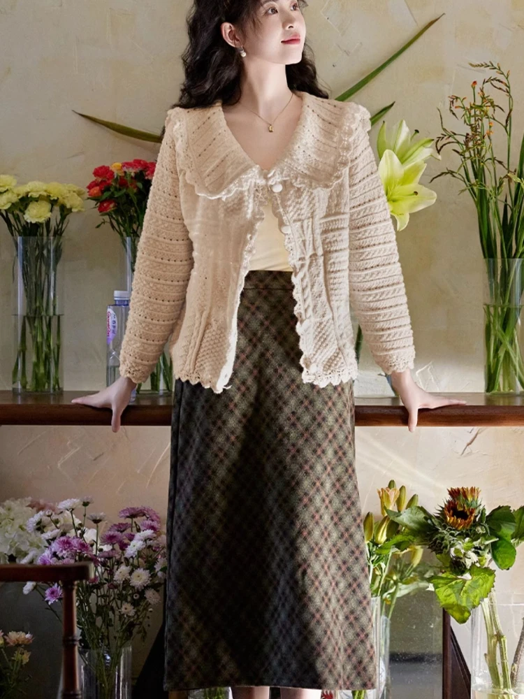 Cardigans Women Lazy Style Hollow Out Gentle Baggy Knitted Peter Pan Collar Outwear Sweet French Chic Soft New Кардиган Женский