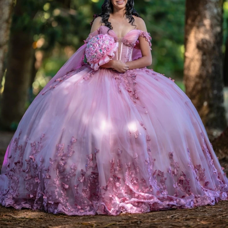 

Pink Shiny Ball Gown Quinceanera Dresses Off The Shoulder Applique Bow Tull Beads Corset Party Birthday Sweet 16 Dress Vestidos