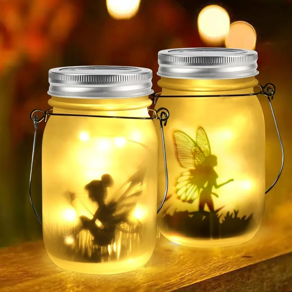 Fashion 10 Light Standing Solar Lamp Waterproof Hanging Standing Fairy Firefly Jar Lids Lamp Garden Decor Lighting