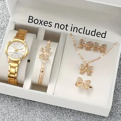 6pcs Fashion minimalist scale Ladies Alloy compact quartz watch with bow bracelet Necklace Ring Earrings set