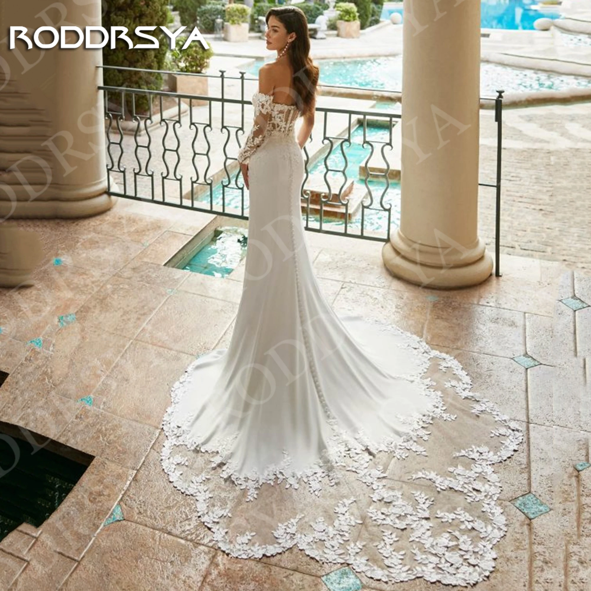 RODDRSYA Boho Mangas Compridas Sereia Vestidos De Casamento Marfim Sexy Ilusão Apliques Querida Vestido De Noiva Fora Do Ombro Personalizado Boho mangas compridas Mermaid Vestidos de casamento Marfim Sexy Illusion Appl