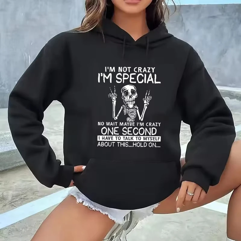 Unisex I'm Not Crazy Letter Print Hoodies Women's Humorous Skeleton Peace Sign Graphic Sweatshirts 90s Y2k Hoody Pullovers