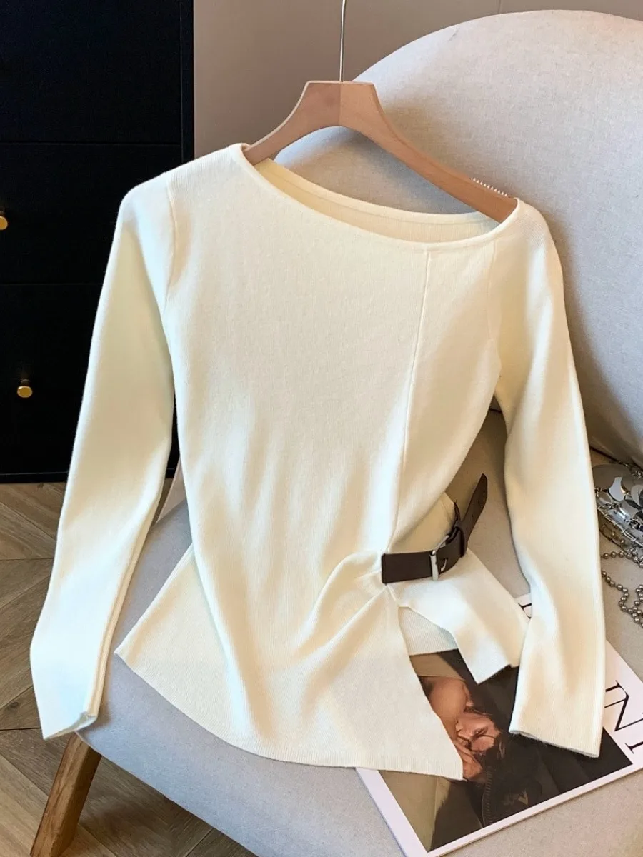 

Облегающая длинная футболка-свек, женская осенне-зимняя трикотажная внутренняя одежда с поясом на талии, с боковым разрезом, повседневная одежда для поездок на работу...