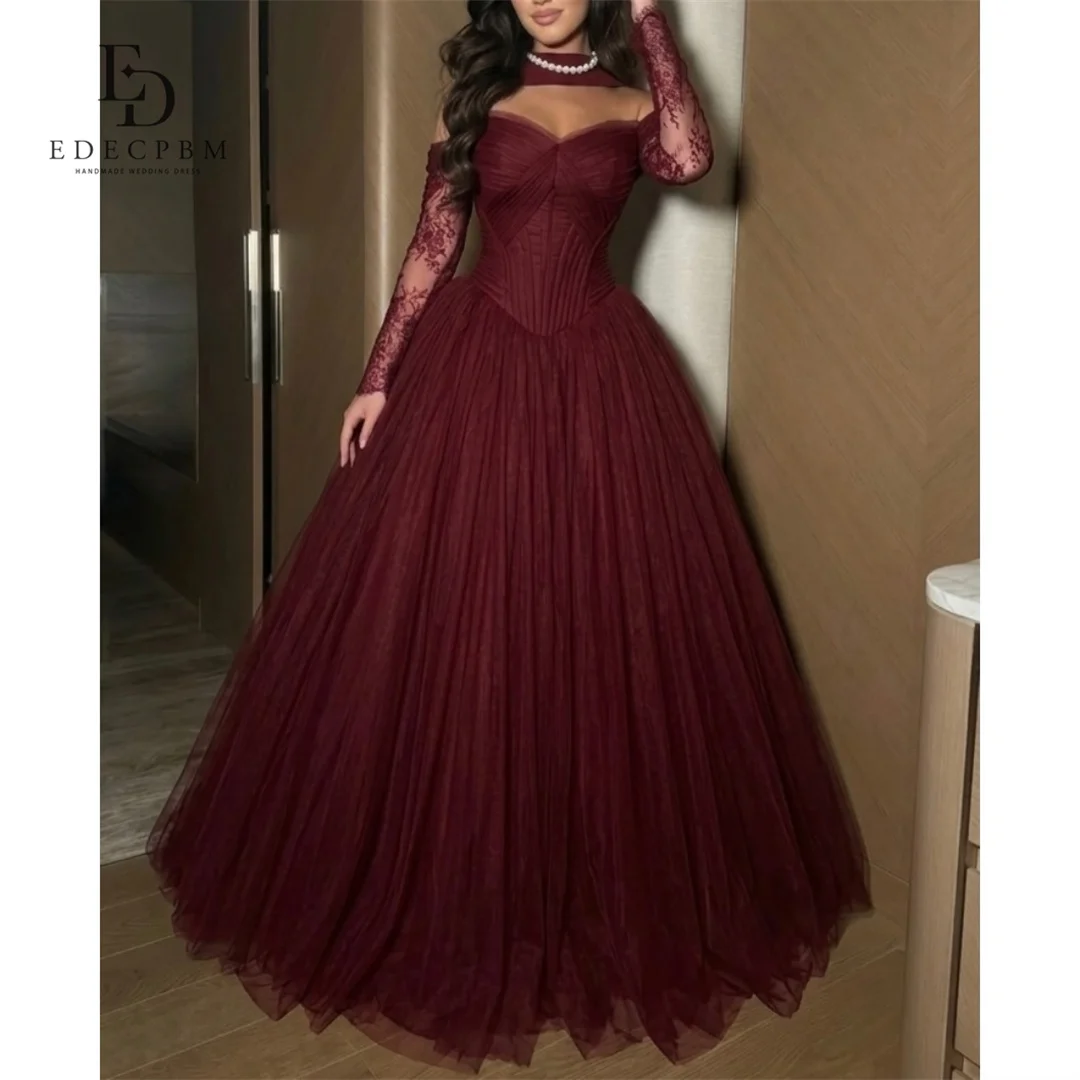 

EDECPBM Satin Off The Shoulder Burgundy Ball Gown Evening Dress 2026 Prom Dress Formal Evening Customized Robes de Soirée