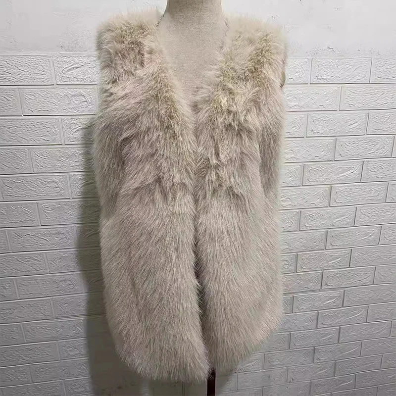 GIYSILE New Product Women Fur Coat Natural Medium Long Beach Sleeveless Faux Fur Outerwear Winter Jacket Lady Fur Overcoat