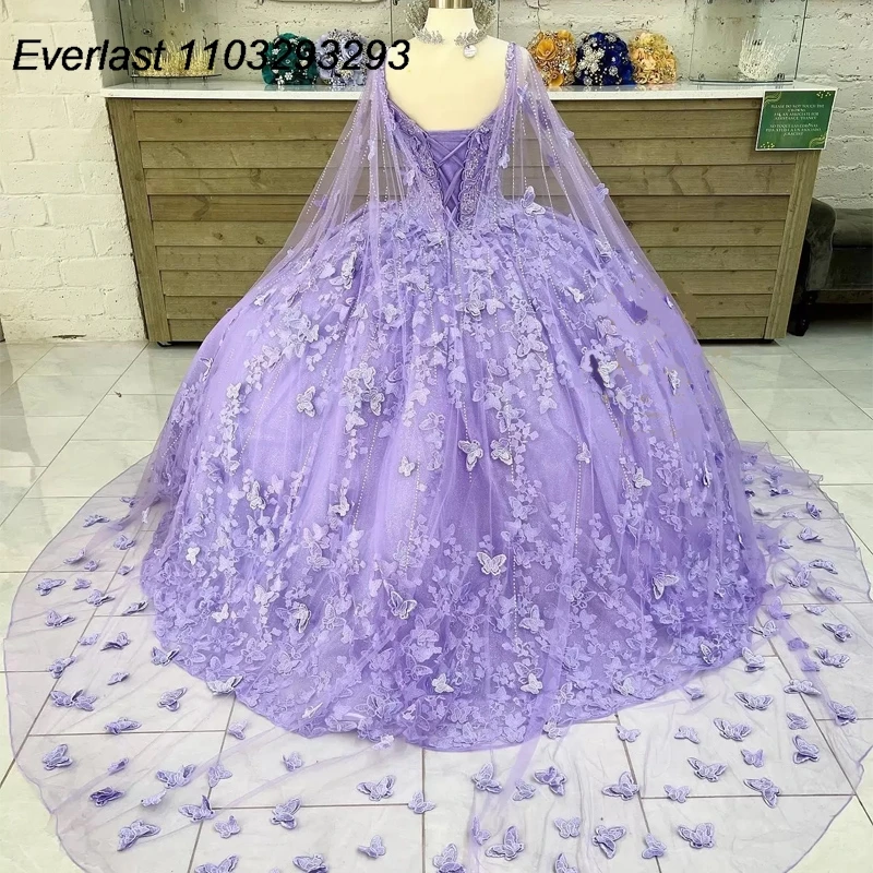 EVLAST Customized Lilac Lavender Butterfly Quinceanera Dress Ball Gown Lace Applique Beaded Sweet 16 Vestido De 15 Anos TQD307