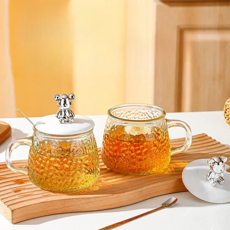 

Bear Glass Mug Coffee Cup Simple INS Style Female Water Cup with Handle And Lid Transparent Breakfast Tea Cup for Adults