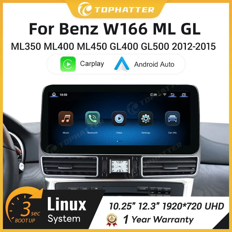 12.3'' Linux Touch Screen Wireless CarPlay Car Radio For Mercedes-Benz W166 ML GL Class GPS With Android Auto Airplay Mirror