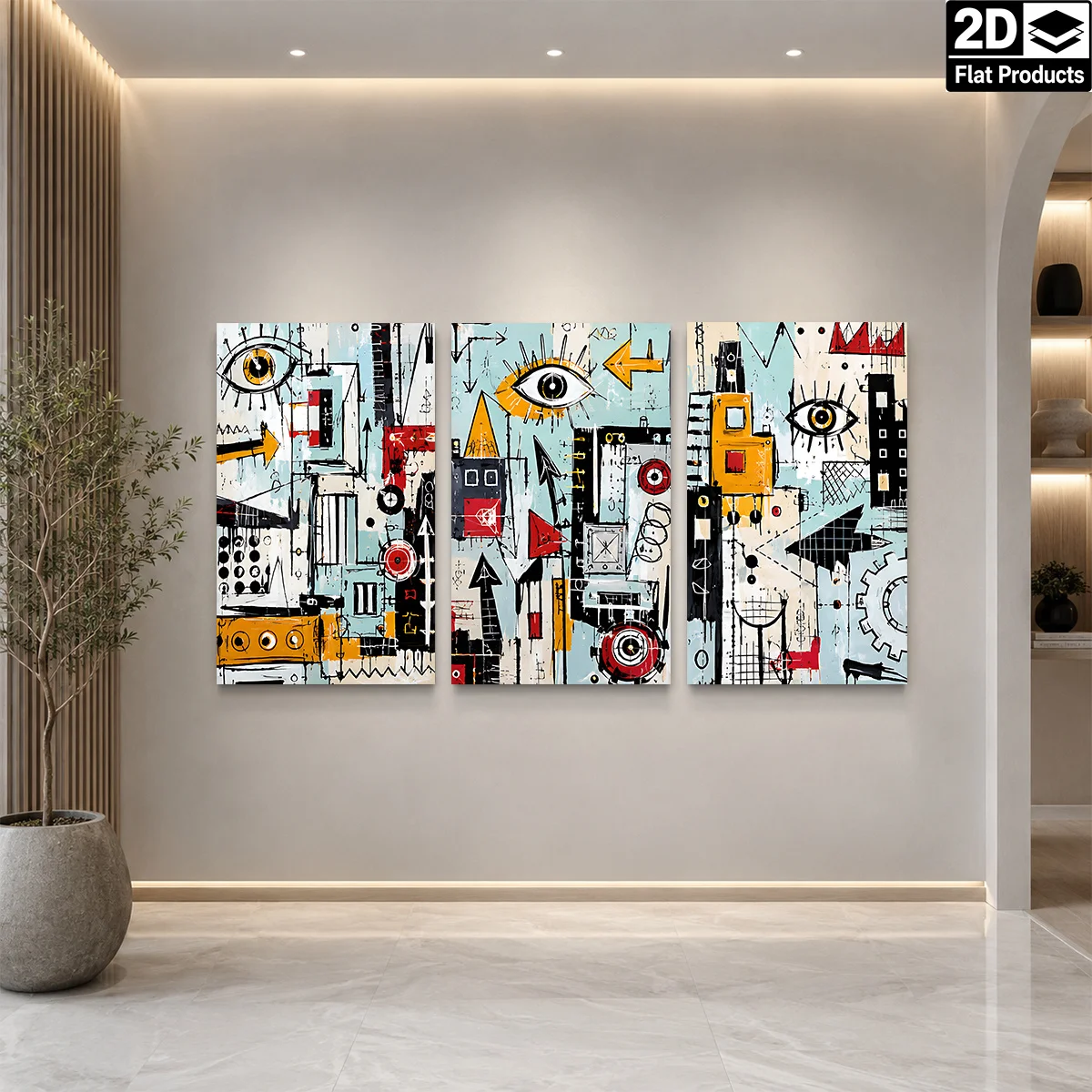 Frameless canvas 2D Flat 3PCS - Three abstract panels with eyes arrows gears and colorful geometric shapes Themed Canvas Wall
