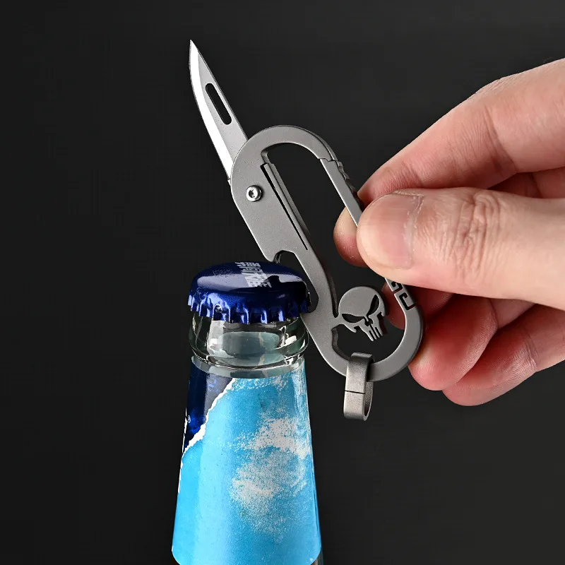 Titanium Alloy Keychain Folding Knife D2 BladeClimbing Buckle Outdoor Multi-tool Security Self-defense Hand Tools Bottle Opener