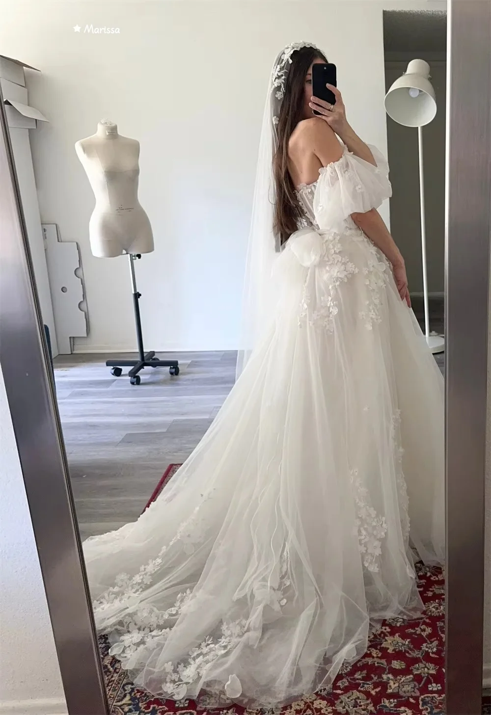 Marissa a 라인 Tulle 우아한 가운 이브닝 가운 3D 작은 꽃 우아한 롱 드레스 맞춤 제작 오프 숄더 탈착식 슬리브