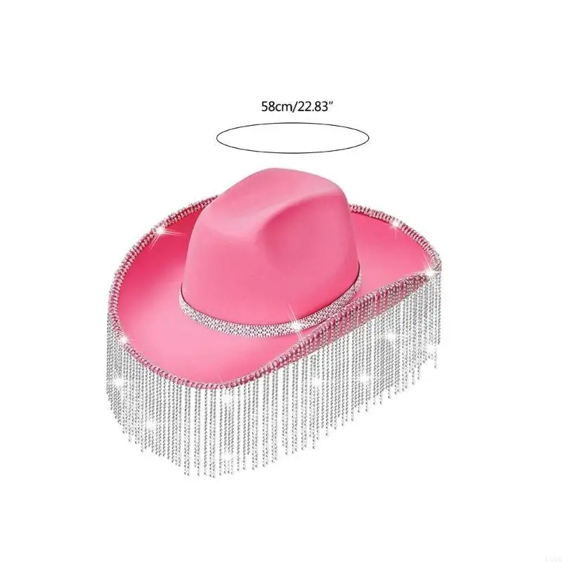 L5YA 카우걸 모자 라인 석 프린지 반짝이 레이브 디스코 모자 할로윈 드레스 코스프레 파티 의상 액세서리