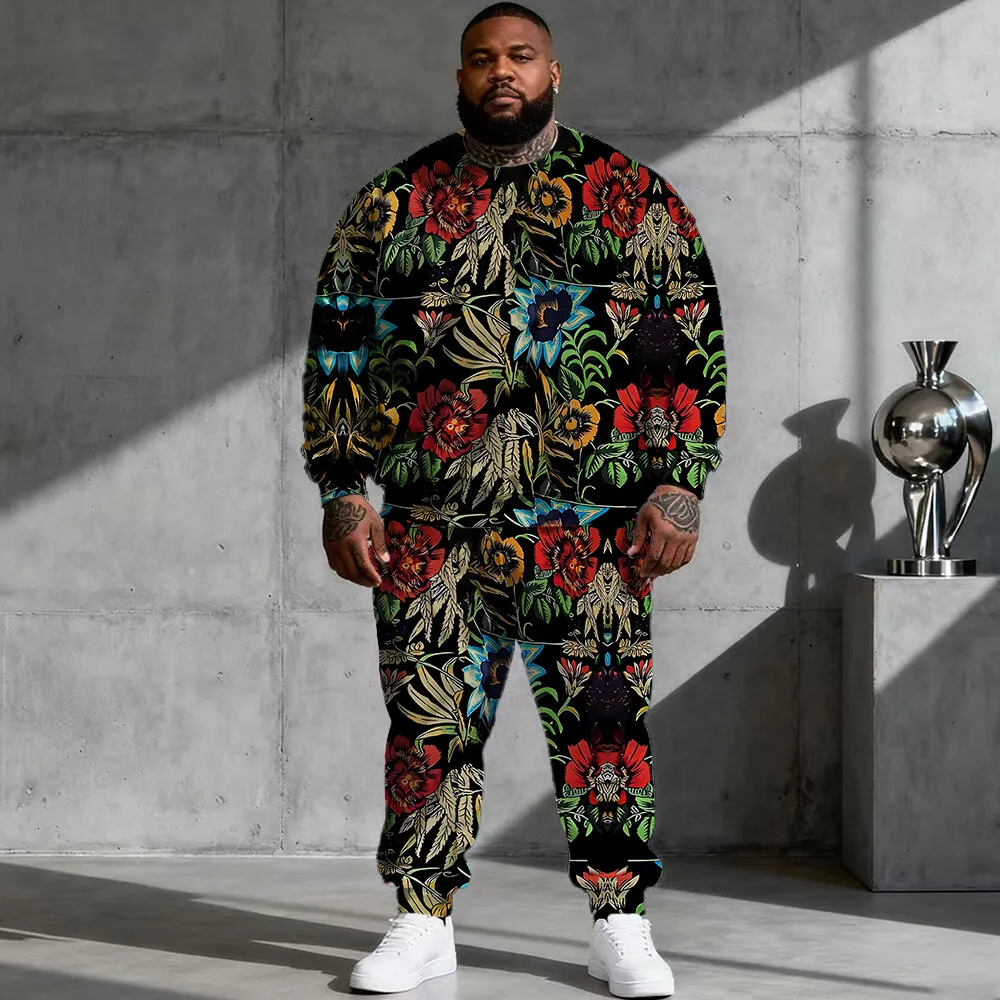 

S-9xl plus size Men's Hoodie Set: Floral Edge - 2-Piece Modern-Chic, Soft Warm Fabric, Minimalist Bloom Printsl G