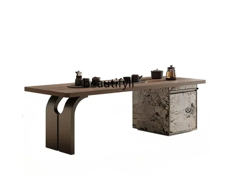 ljyItalian minimalist rock slab tea table and chair combination household modern minimalist black walnut rock slab tea room