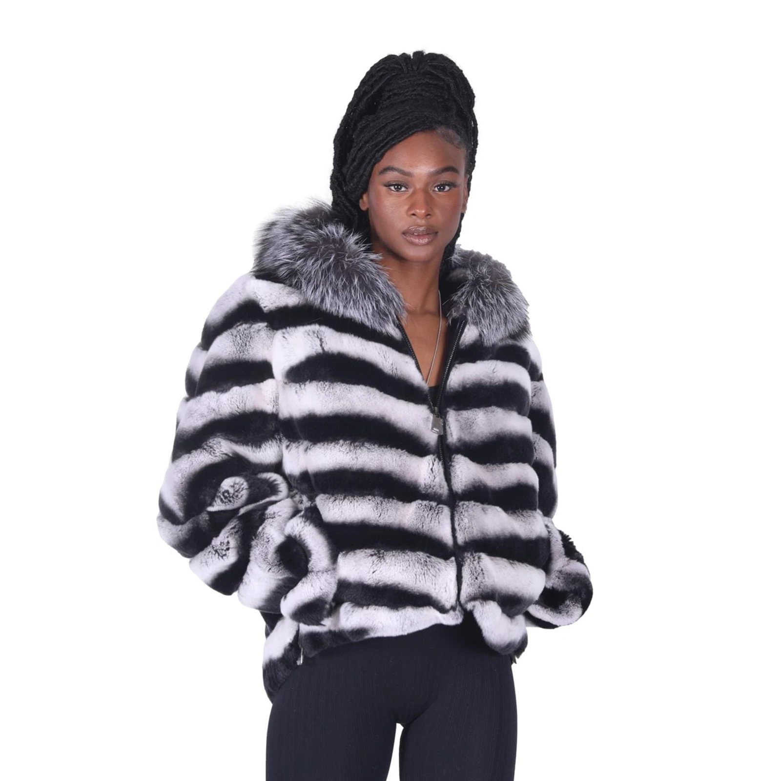 Casual Women Genuine Rex Rabbit Fur Jacket with Silver Fox Fur Trim of Hood Woman Fashion Rex Rabbit Fur Coats Natural Outwear