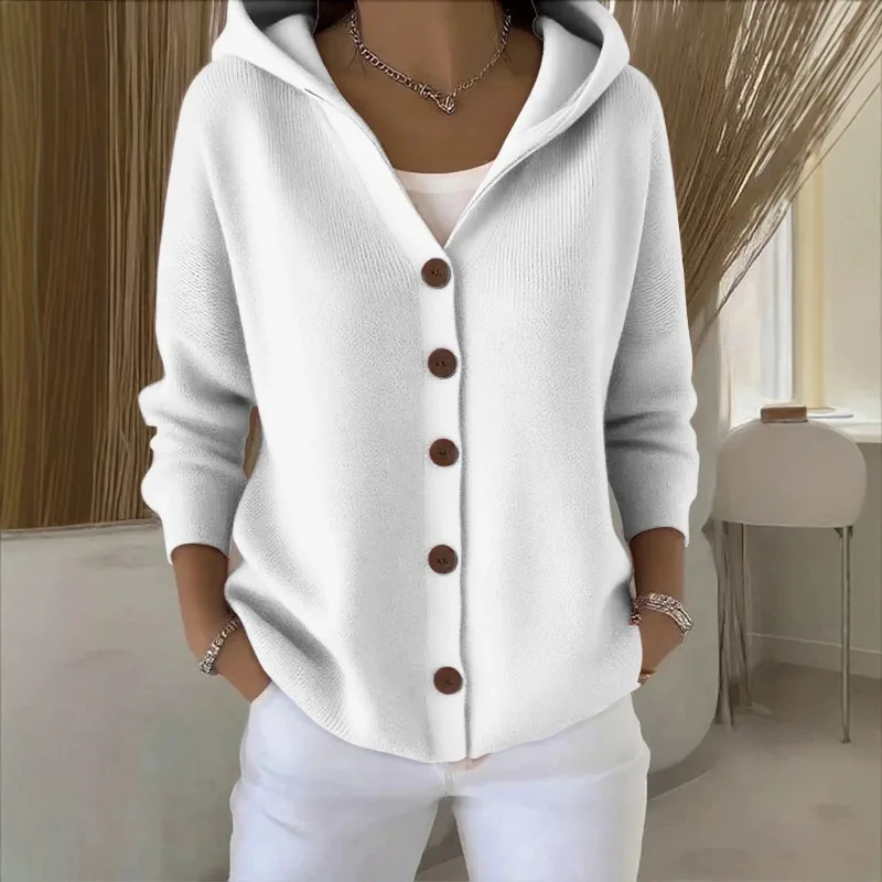 Solid Color Button Knit Hooded Sweater Cardigan Jacket for Autumn Winter New Casual Fashionable Women's Clothing Pulls Femmes 5