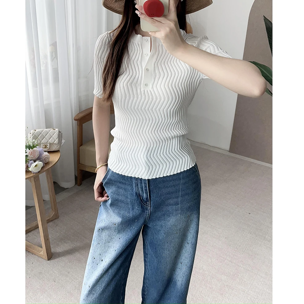 

Вязаный свитер с эффектом похудения, воротником Хенли и 3D-полосками, женский, модный, эстетичный, летний 2025, Selfwill