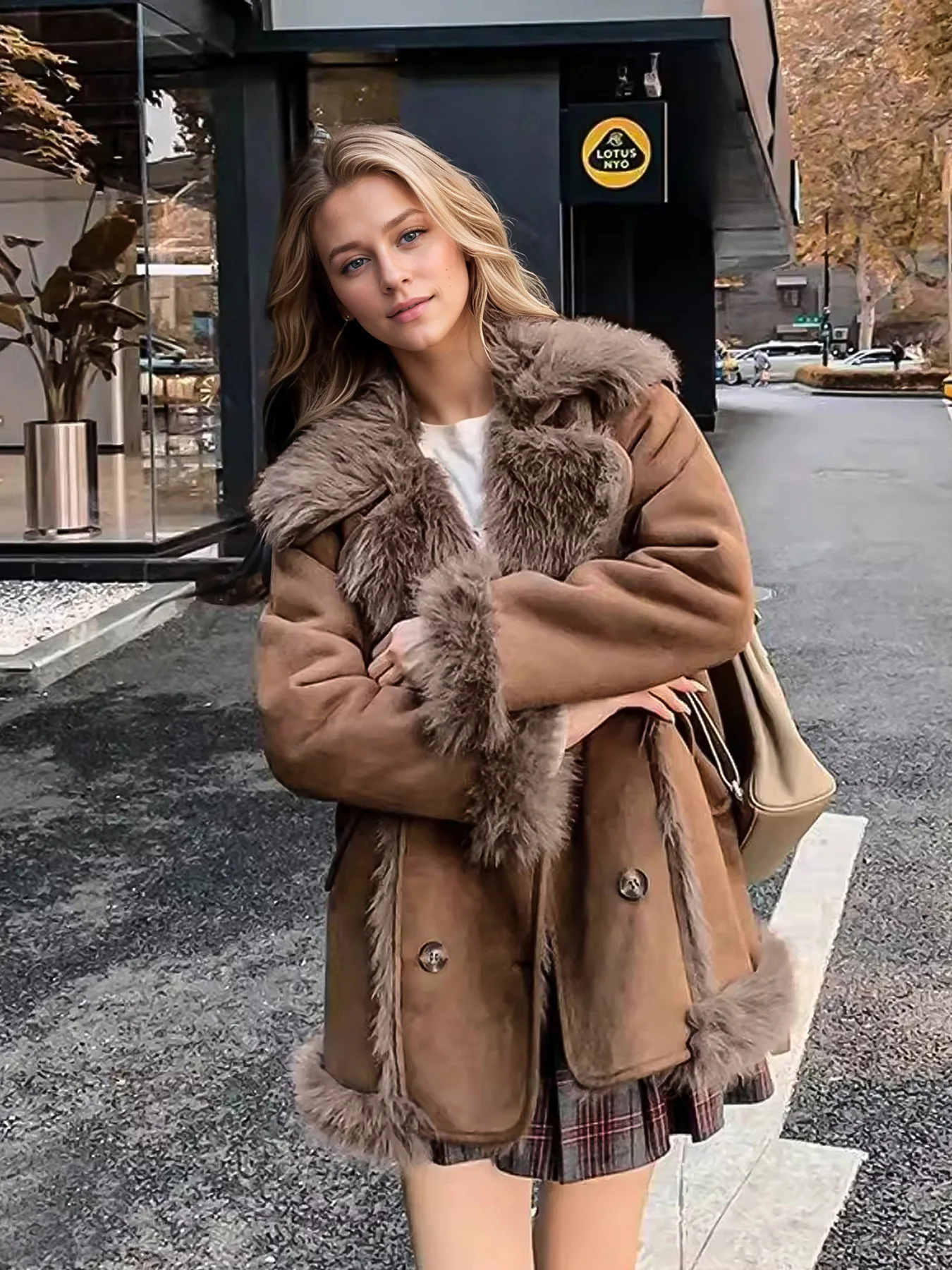 Kurtka ze sztucznego futra damska płaszcze damskie golfowy krój luźny fitness mama retro moda detal brzegowy miękka odzież wierzchnia z podszewką bawełnianą