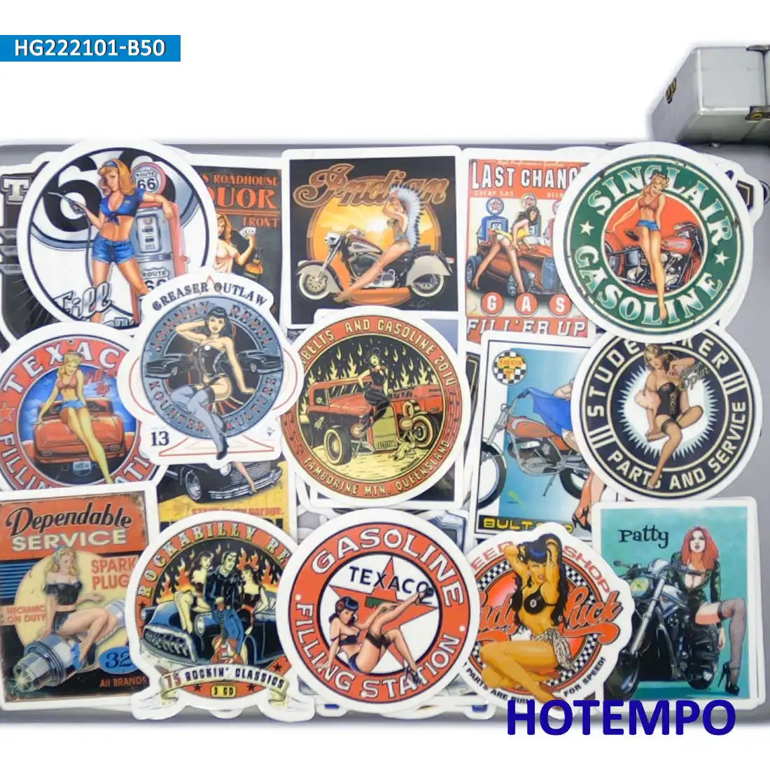 50PCS Gas Station Girl Stickers Motorcycle Rider Road Trip Retro Poster Decals for Laptop Skateboard Bike Car Phone Sticker Toys