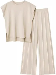 Casualowy dwuczęściowy zestaw dla kobiet 2024 Summer Solid Color O Neck Sleeveless Top + Pants 2-częściowe zestawy Eleganckie stroje biurowe dla kobiet