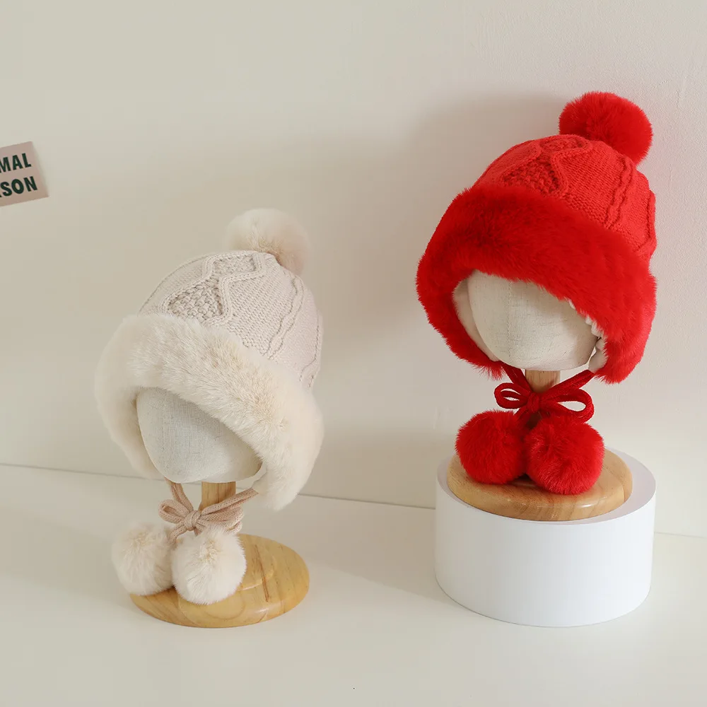 

Winter Kids Plush Ear Protection Hat Baby Warm Pullover Cap Pompom Beanie Solid Color Woolen Knit Hats 1-5Year Children Headgear