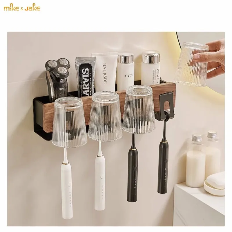 natural Wooden toothbrush holder Bathroom storage rack Toothbrush cup holder Bathroom perforated electric toothbrush Washing cup