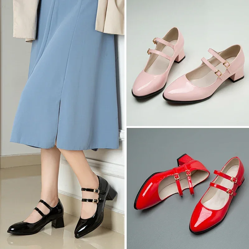 Sweet Red Women Mary Janes Pink Patent Leather Medium Square Heels Round Toe Spring Autumn Dress Office Lady Double Strap Pumps