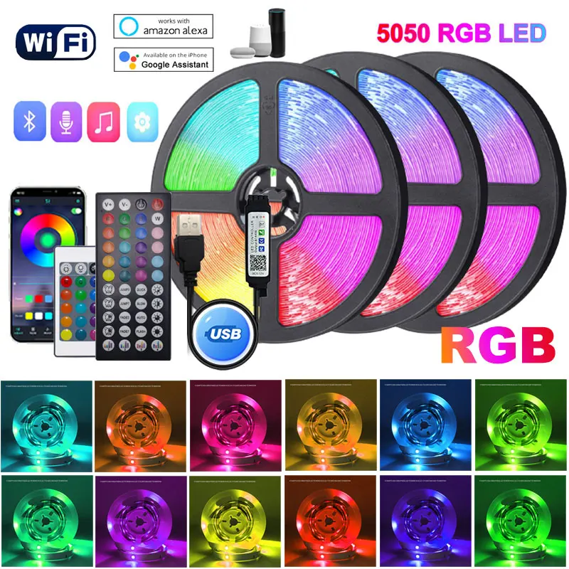 Bande lumineuse LED colorée 5V avec télécommande, ruban de glace, WiFi, Bluetooth, TV, cuisine, chambre d\'enfant, 5m, 10m, 5050