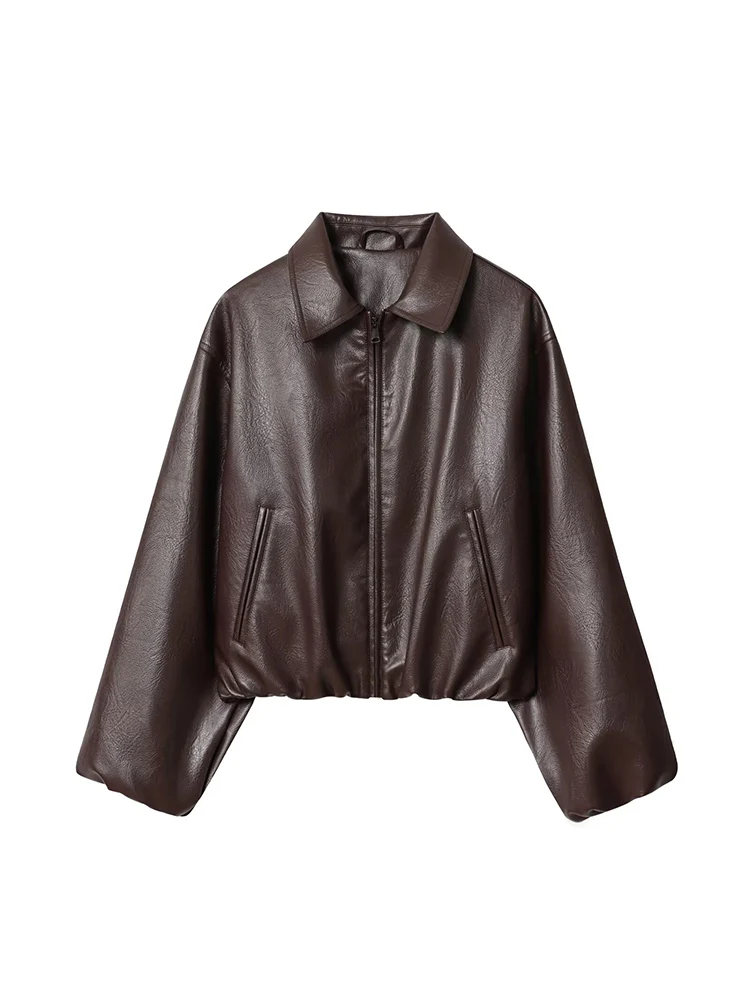 سترات نسائية جلدية للشارع فضفاضة بياقة مقلوبة وأكمام طويلة وجيب بسحاب معطف سترة نسائي لخريف 2025 ملابس جديدة للسيدات