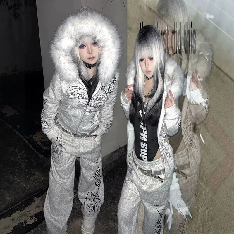 Winter Women's Y2K Gothic Streetwear Leopard Print Faux Fur Hooded Zip Up Cropped Oversized Long Sleeve 2 Piece Hoodies Sets