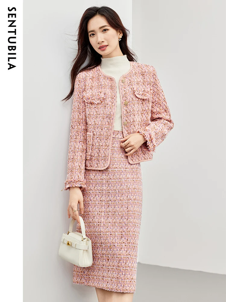 SENTUBILA Tweed Skirt Two Piece Set Women Outfit Autumn Elegant Tassel Jacket Midi Skirts New In Matching Sets Female 134Z52734