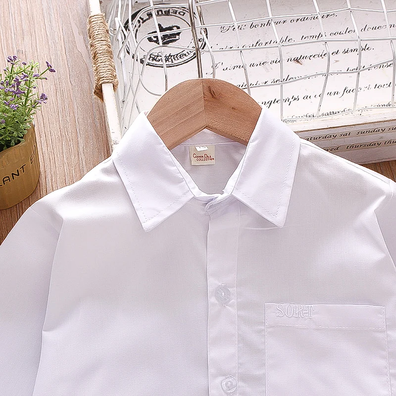 Spring and Autumn New Boys\' Long sleeved Shirt Single Shoulder Pocket Flip Collar Baby White Shirt Comfortable Boys\' Clothing