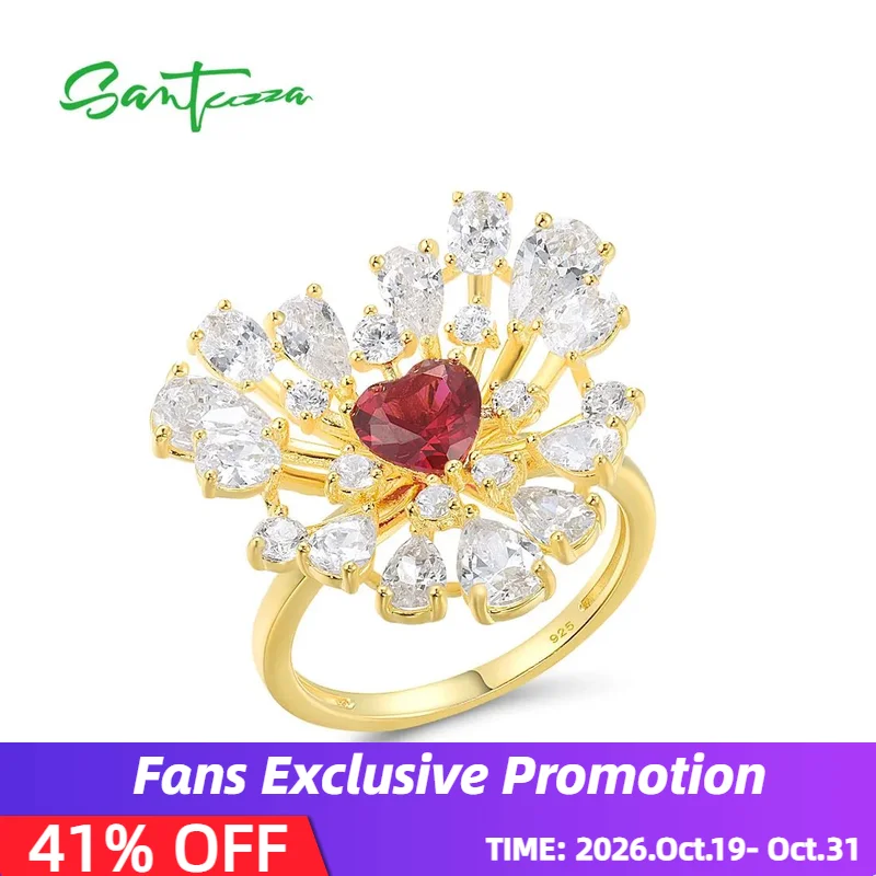 SANTUZZA Pure 925 Sterling Silver Ring For Women Sparkling White CZ Red Heart Gorgeous Wedding Anniversary Gifts Fine Jewelry