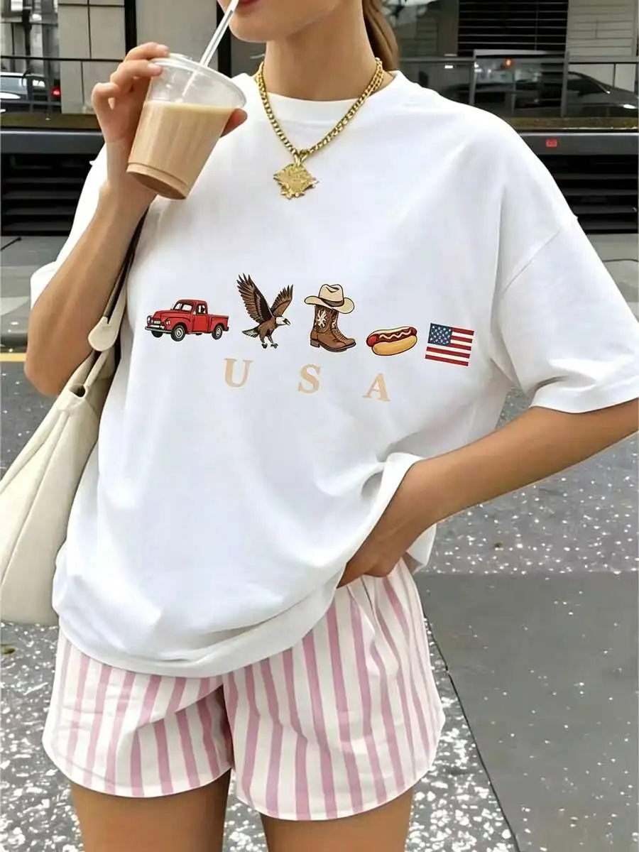 Oversized Women USA Graphic Print T Shirt Casual Short Sleeve Loose Fit Summer Street Style Aesthetic Daily Wear Top