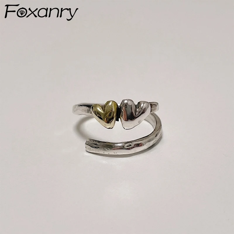 Foxanry Bicolor Love Heart Double-layered Ring For Women Girls Creative Vintage Trendy Elegant Handmade Daily Party Jewelry Gift