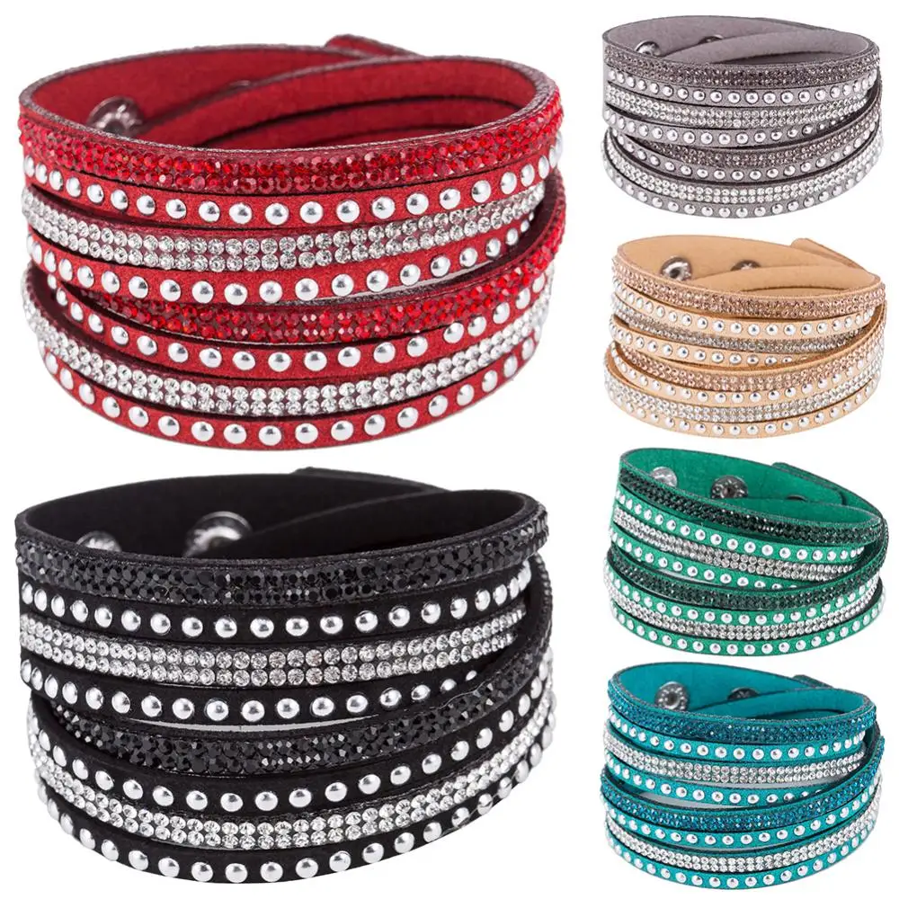 Vintage Faux Leather Bracelet Women Shiny Hot Fix Rhinestone Inlaid DIY Multilayer Bracelet Gift