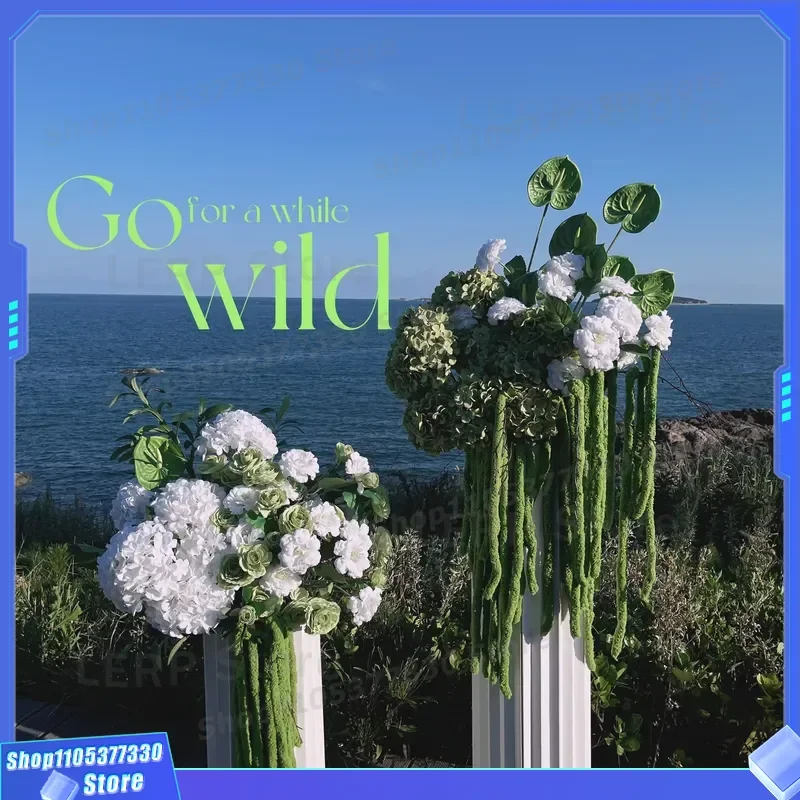Large White Hydrangea Green Wedding Arch Party Stage Background Decoration for Ceremony Pillars Floral Arrangement Stand
