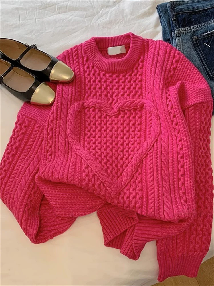 

Korean Sle Lazy Casual round Ne Knitted Heart Twist Sweater Men Women Autumn Faion Versatile Youthful Long Sve Top