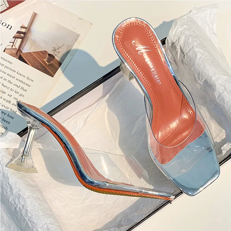 Transparent High Heels for Women 2023 New Thin Heel Square Head Summer Crystal Slippers for Women Outwear