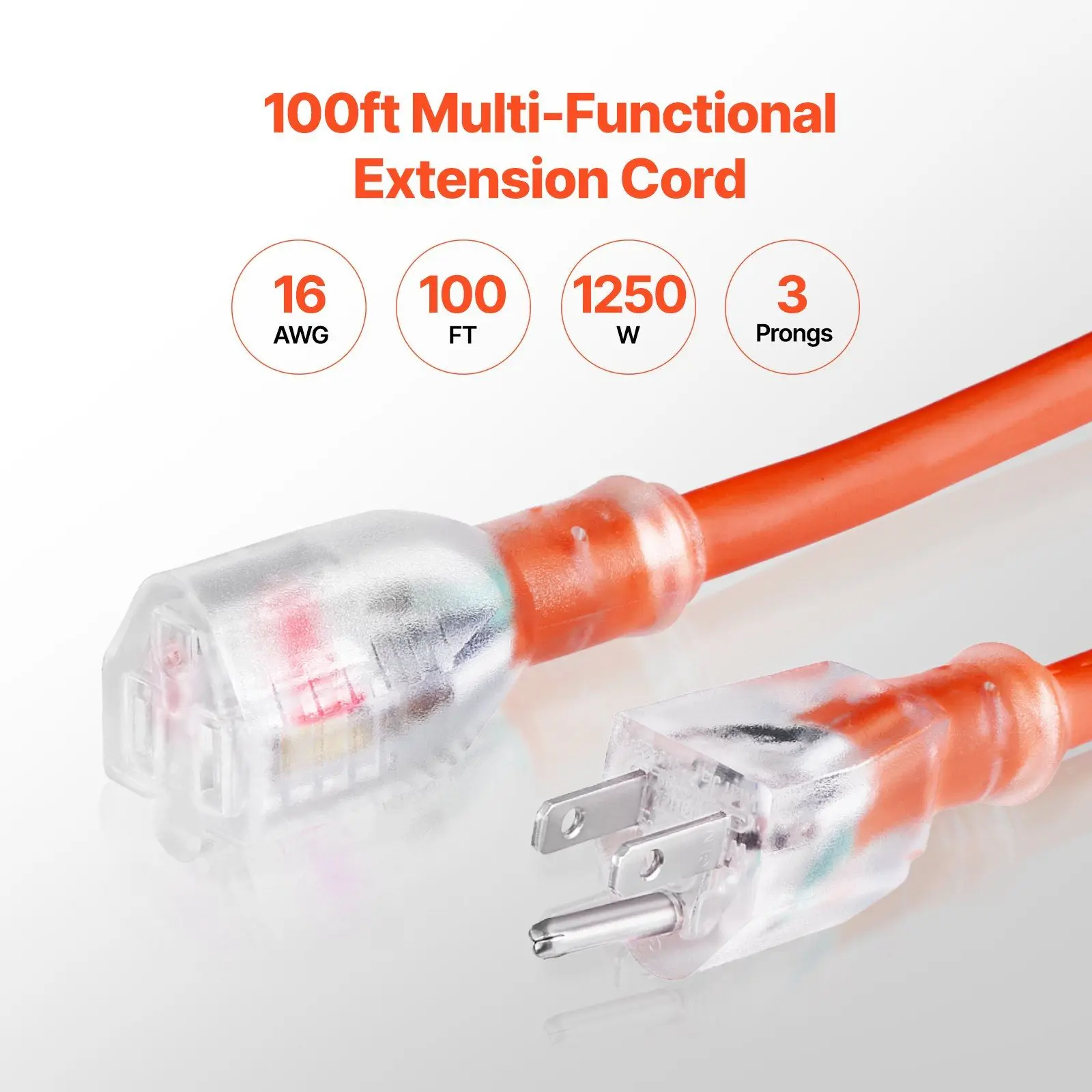 Cavo di prolunga esterno 100FT 16AWG Cavo di alimentazione per carichi pesanti con estremità illuminata Spina a 3 poli 10A 1250W Impermeabile per tutte le stagioni