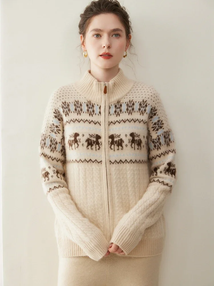 Tcyeek Designer Brand Autumn Winter Retro Knit Clothing Women's Sweater Cardigan 100% Cashmere Sweater Mock Neck Christmas Coat
