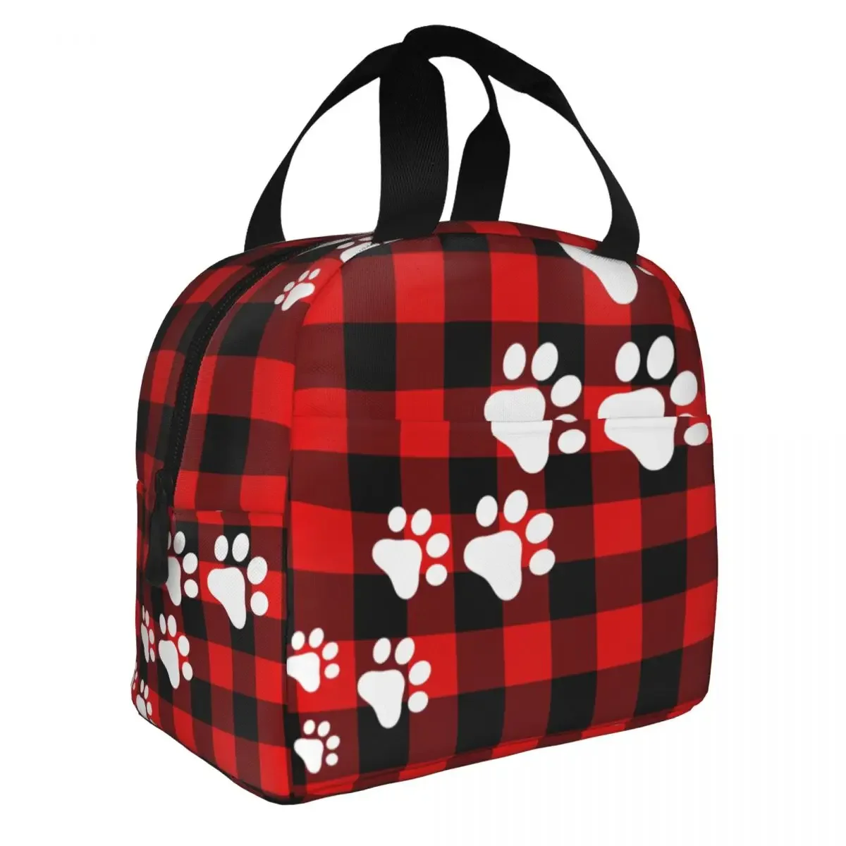 Lunch Bags for Women Kids Cute Snow Dog Paws Red Black Check Thermal Cooler Portable Picnic Travel Oxford Tote Handbags