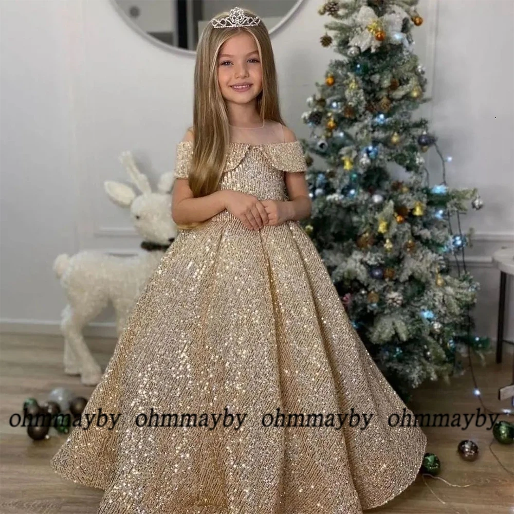 Vestidos de lentejuelas champán con hombros descubiertos para niña, vestidos de flores de línea A, vestidos de princesa Scoop, vestidos esponjosos para bebé, vestido de Navidad para invierno, nuevo 2024