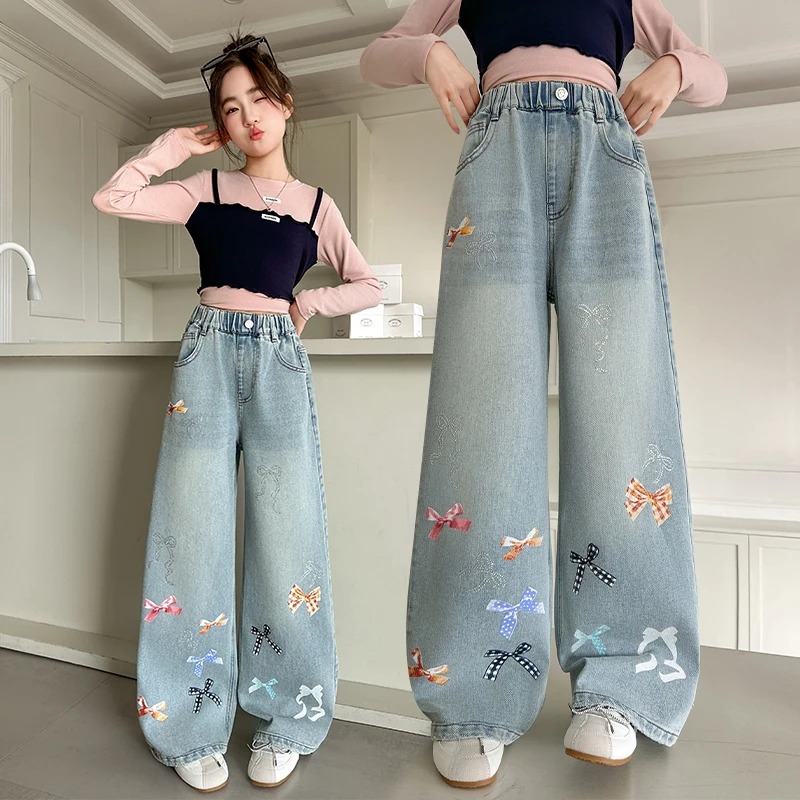 spring new 4 6 8 10 12 14 teen girls Bright Diamond Bow jeans junior kids Wide leg jeans child cotton trousers school clothes