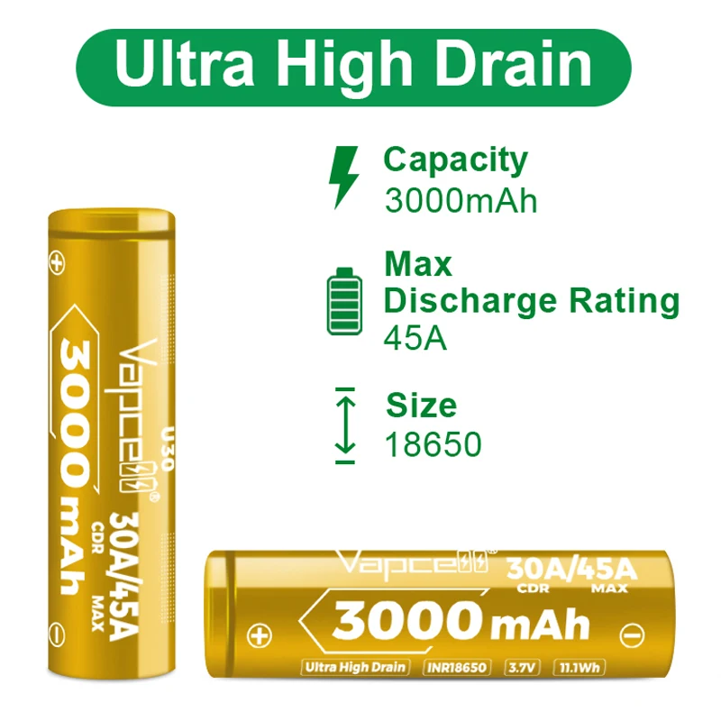 Original Vapcell U30 18650 3000mah Cylindrical Battery 30A/45A 3.7V 11.1Wh Rechargeable Lithium Batteries INR18650 for Toys