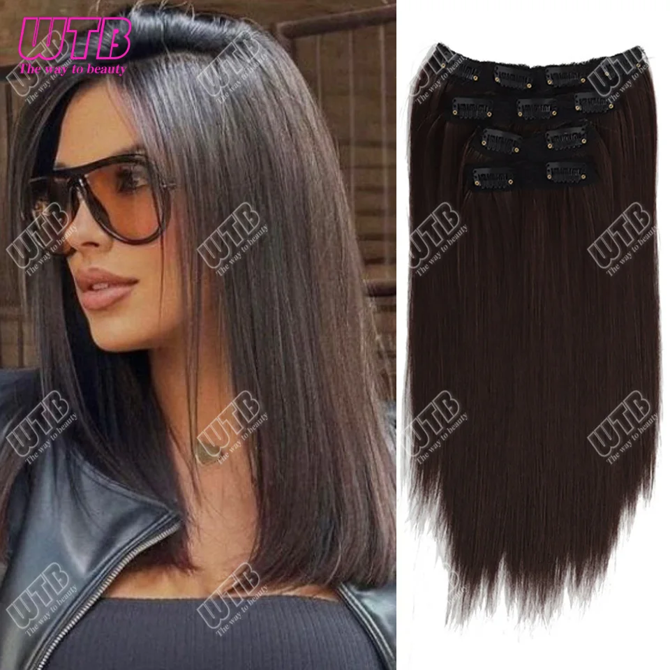 وصلات شعر صناعية بمشبك مكونة من 4 قطع، وصلات شعر صناعية قصيرة مستقيمة للنساء والفتيات للاستخدام اليومي #1