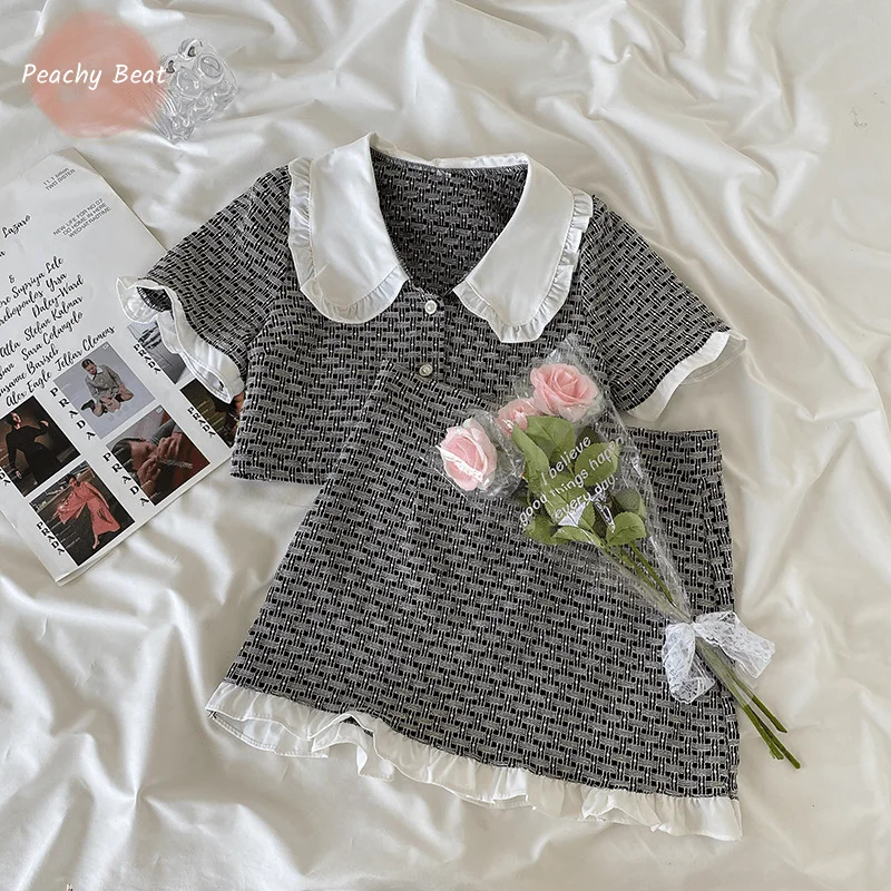 

Baby girl Elegant Plaid Clothes Set Short Sleeve Top+Skirt Pant 2PCS Child Teens Ruffle Turndown Collar Baby Clothing Suit 3-16Y