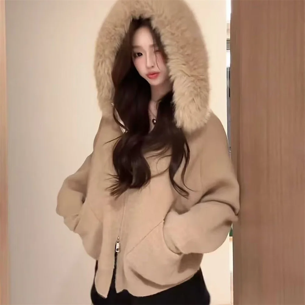 Korean Style Hooded Sweater Jacket Women's Winter Fashionable Loose Long Sleeve Zipper Knitted Cardigan Short Students Top