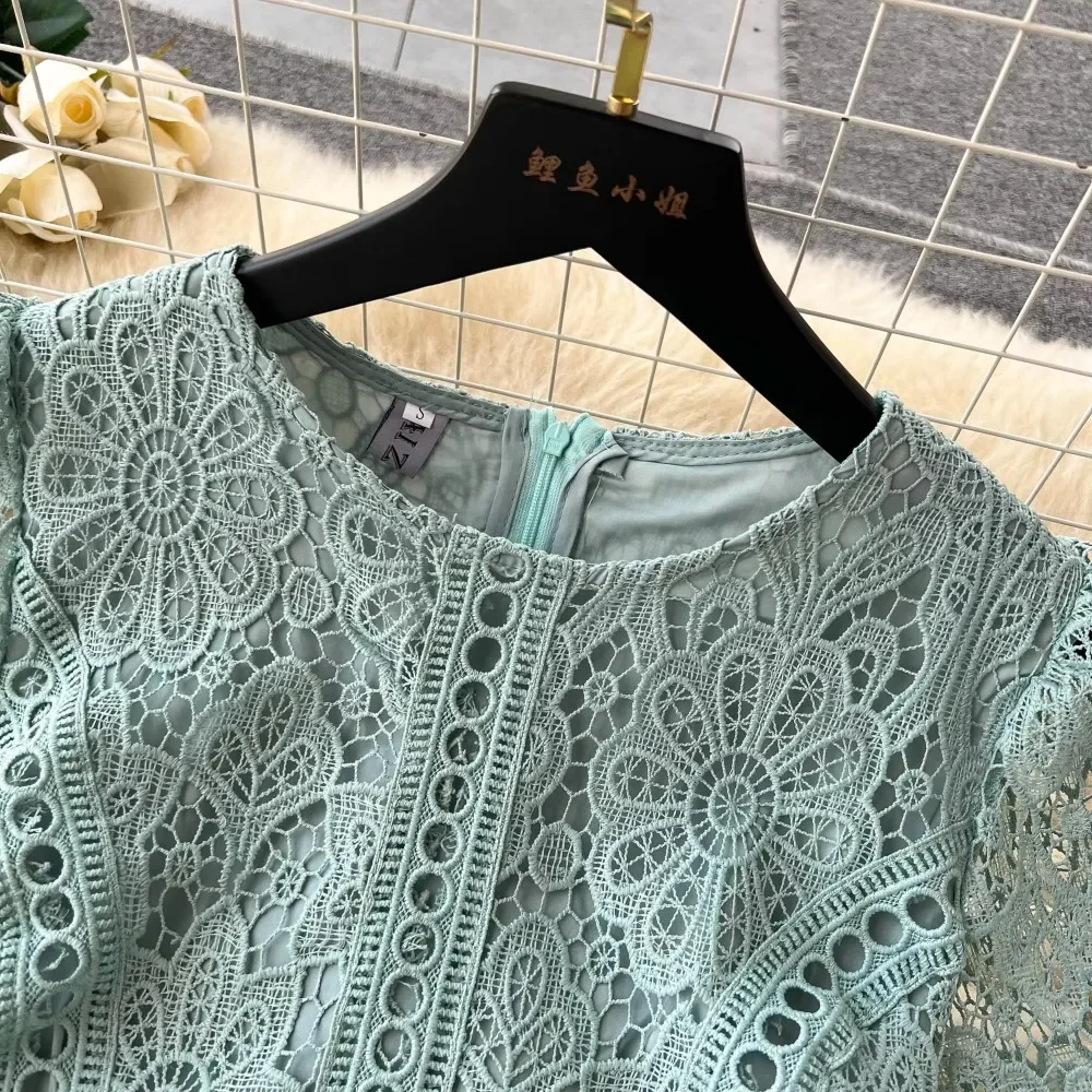 Vintage Solid Lace O-neck Hollow Out Lotus Leaf Sleeves Short Sleeves Long Dresses Casual Women A-Line Fashion Summer Clothing